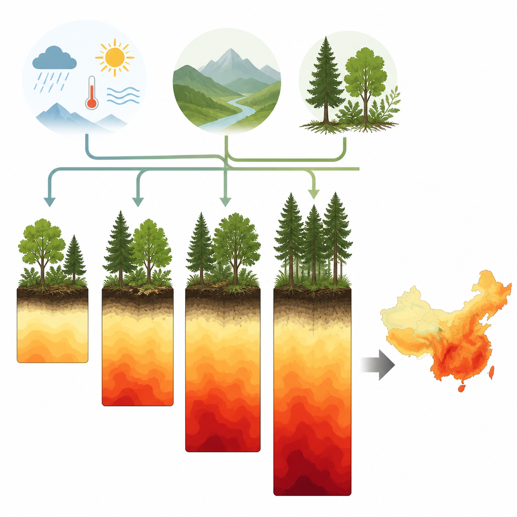 Figure 2. Wie Klima-, Geländeverhältnisse und Vegetationsdaten kombiniert werden, um Kohlenstoffgehalte in Waldböden in verschiedenen Tiefen vorherzusagen.