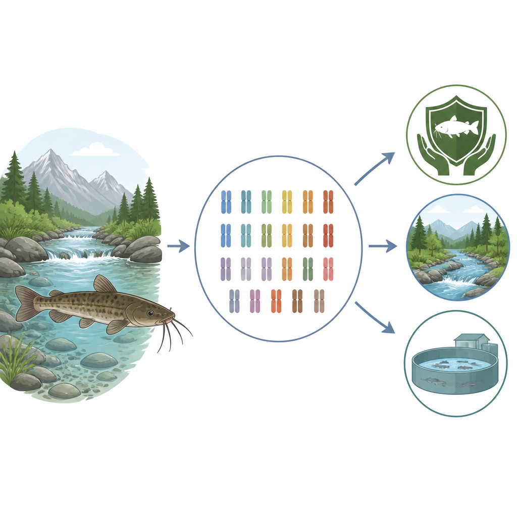 Figure 1. Von einem versteckten Bachwels zu einer vollständigen genetischen Karte, die Naturschutz und Studien zur Flussgesundheit leitet.