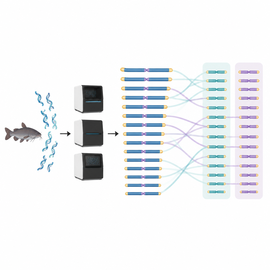 Figure 2. Schrittweise Sequenzierung und Assemblierung der Wels-DNA zu vollständigen Chromosomen zum Vergleich mit anderen Welsarten.