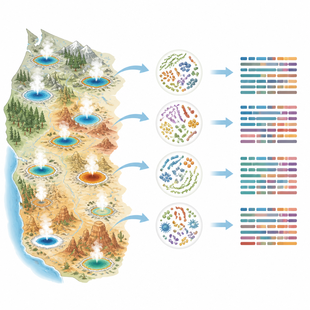 Figure 1. Eine Karte der heißen Quellen im Westen der USA, die ein Verzeichnis vielfältiger, verborgener Mikroben und ihrer DNA-basierten Baupläne speist.