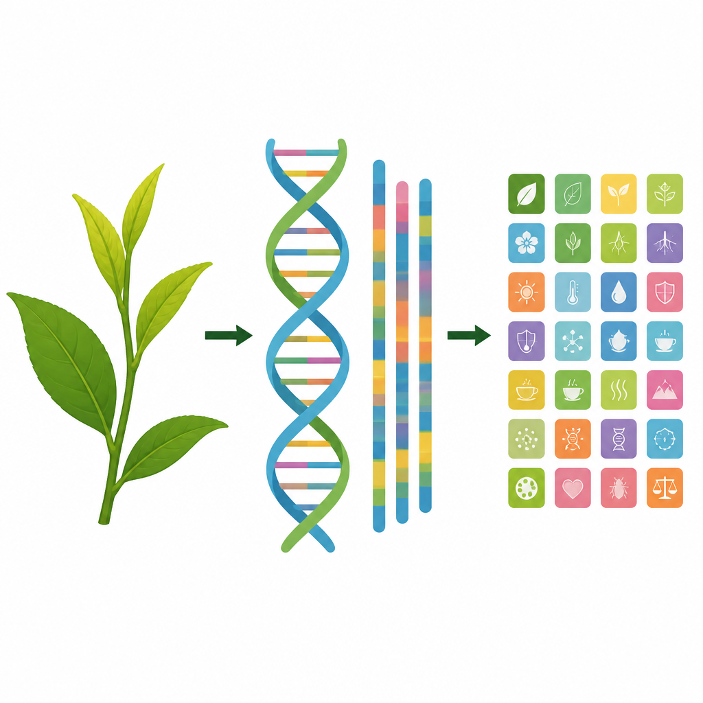 Figure 2. Vom Teeblatt bis zur DNA und den Genen hineinzoomen, um zu zeigen, wie Wissenschaftler Merkmale der Pflanze entschlüsseln