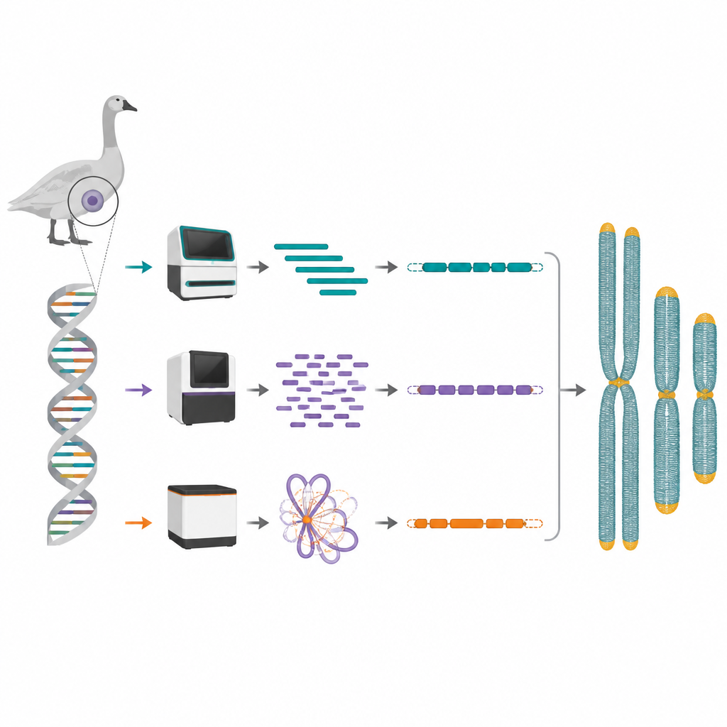 Figure 2. Jak różne metody odczytu DNA współpracują, aby zbudować pełne chromosomy gęsi Zi z wyraźnymi końcami i centrami.
