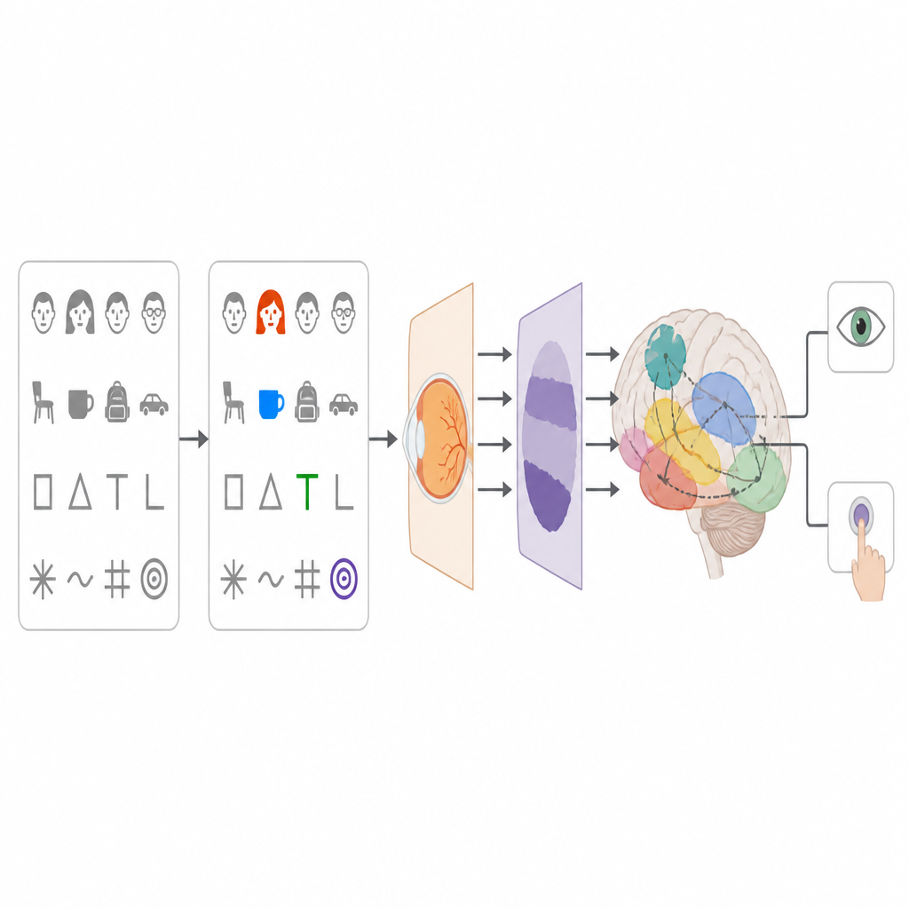 Figure 2. Flux étape par étape depuis l’entrée visuelle et l’attention jusqu’aux motifs d’activité cérébrale à travers les régions.