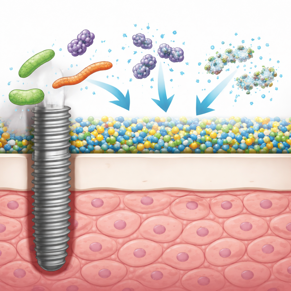 Figure 2. Een gecoate implantaatoppervlakte verstoort bacteriën en biofilm terwijl omliggende weefselcellen gezond en onaangetast blijven.