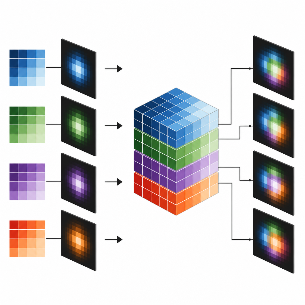 Figure 2. Come i tensori codificano intensità su molti schermi rivelatori per spiegare entanglement quantistico complesso senza ricorrere al collasso