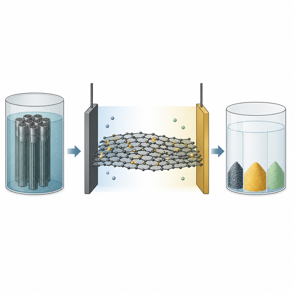 Figure 1. Gelişmiş karbon levha elektrotlarının uranyum geri dönüşümünü nasıl daha temiz ve daha verimli hale getirdiği.