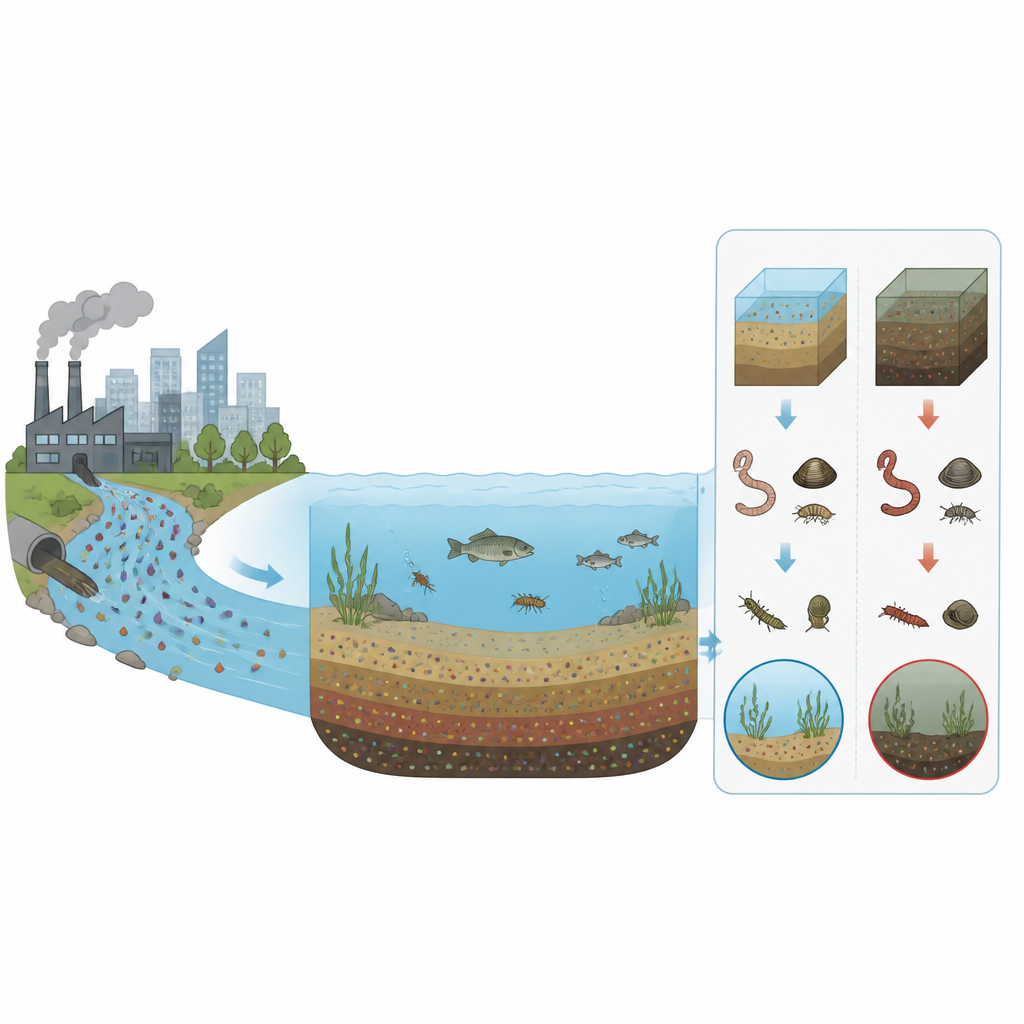 Figure 1. Как загрязнение фенолом перемещается из речной воды в донный ил и угрожает организмам, обитающим в осадке.