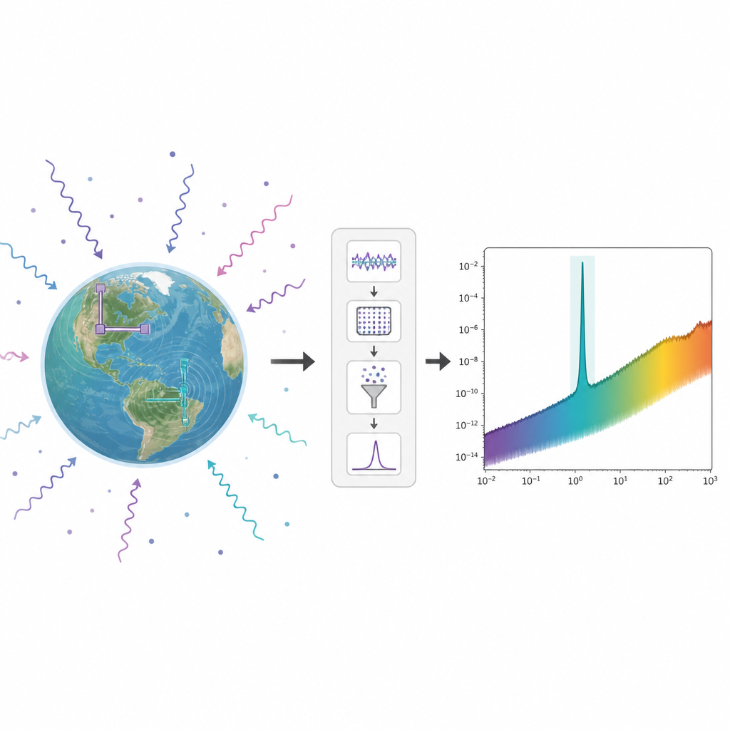 Figure 1. LIGOのデータと賢い信号解析が周波数スペクトル中の微弱な暗黒物質の兆候を明らかにする仕組み