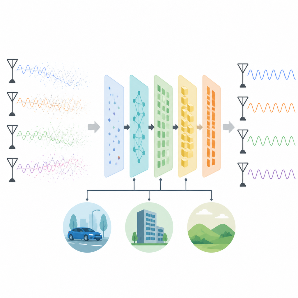 Figure 2. How an AI model turns noisy multi-antenna signals and environment cues into cleaner channel estimates step by step.