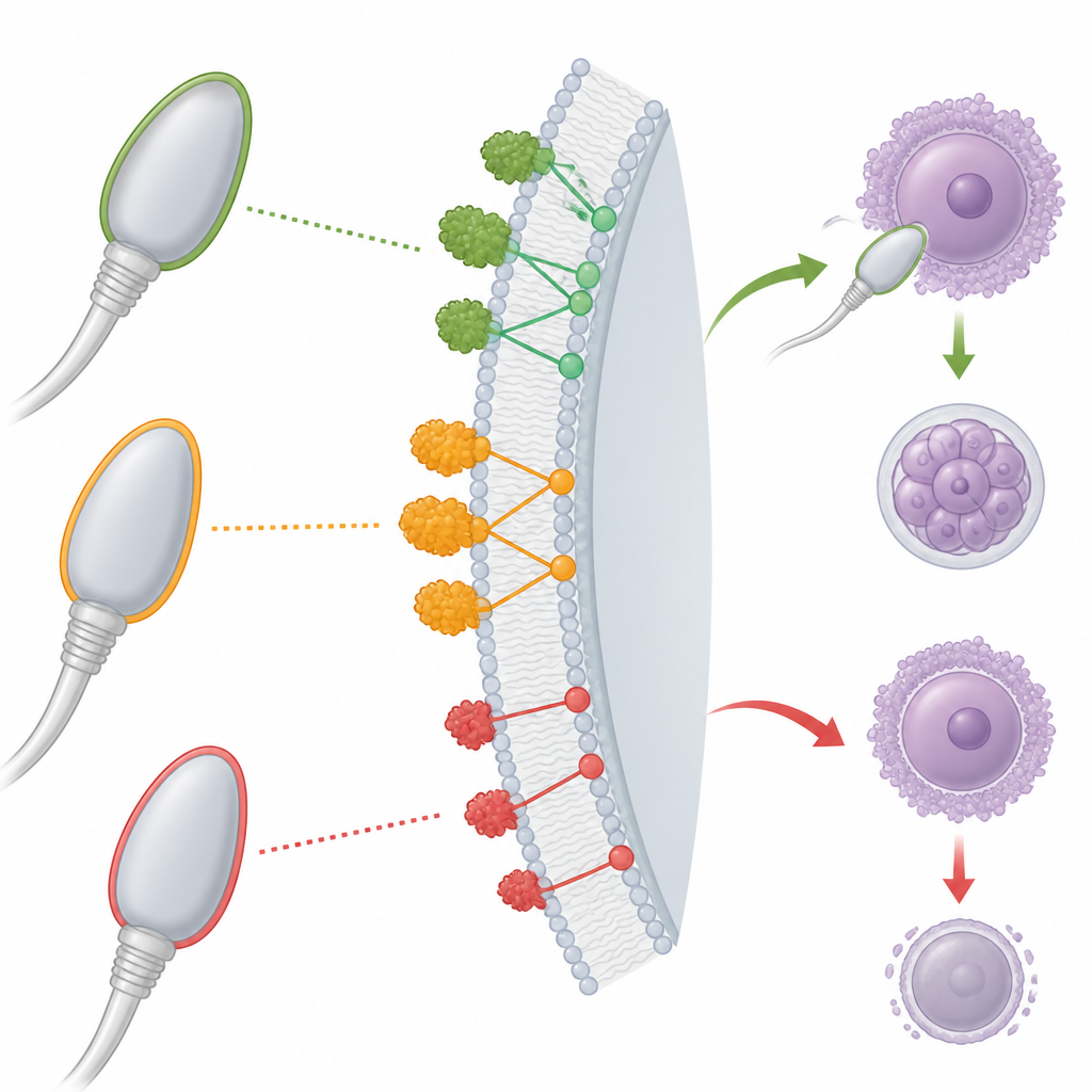 Figure 2. Different protein patterns on a sperm head membrane lead toward or away from successful fertilization.