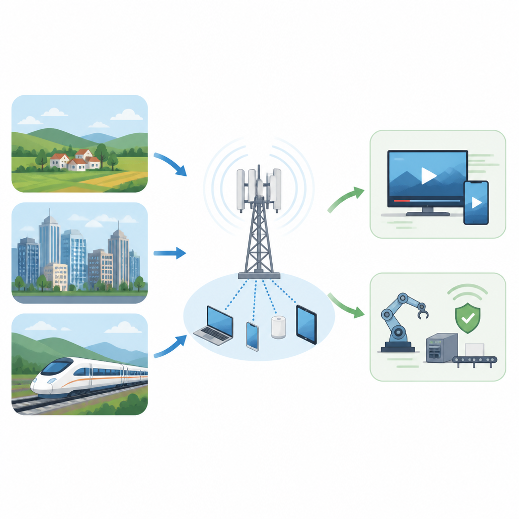 Figure 1. 5G’nin değişen ortamlarda hem yüksek hızlı veri hem de aşırı güvenilir kontrol hizmeti sağlamak için radyo ayarlarını nasıl uyarladığı