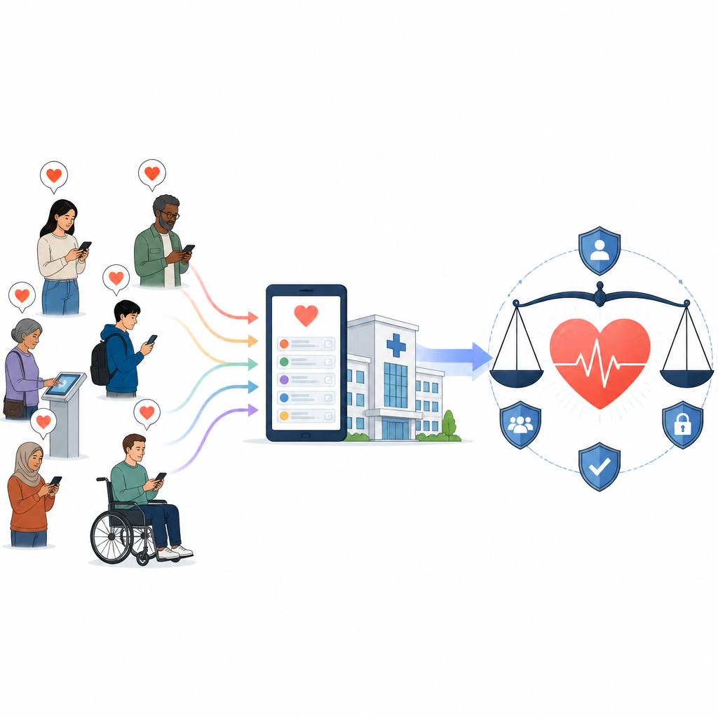 Figure 1. Come informazioni quotidiane e test da clinica passano attraverso l'IA per individuare precocemente e in modo equo problemi cardiaci.