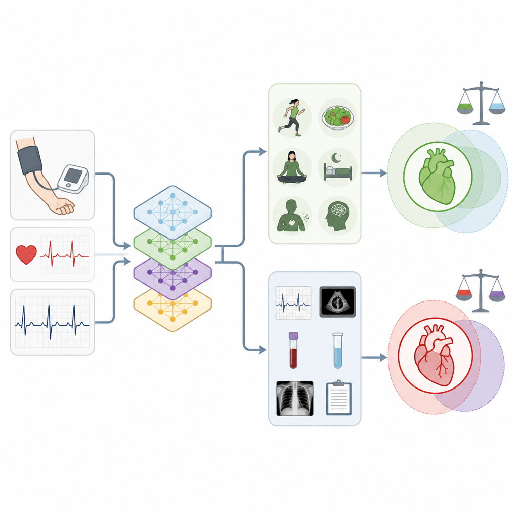 Figure 2. Come diversi segnali di salute scorrono attraverso modelli di IA stratificati per offrire decisioni sul rischio cardiaco più chiare e più eque.