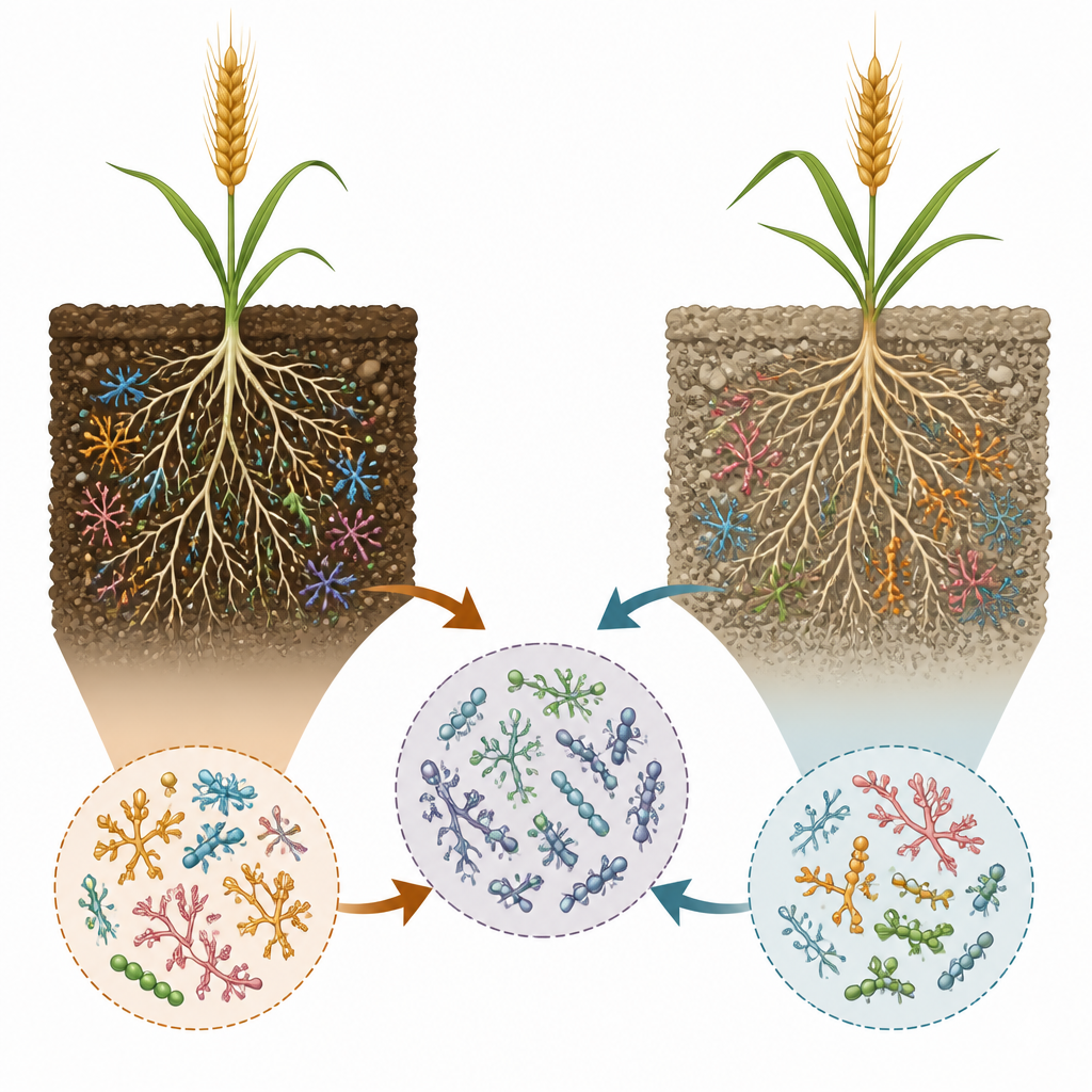 Figure 2. Hoe twee tarwestammen en bodemnutriënten verschillende wortelmicroben kiezen, terwijl ze een gemeenschappelijke nuttige kerncommunity delen