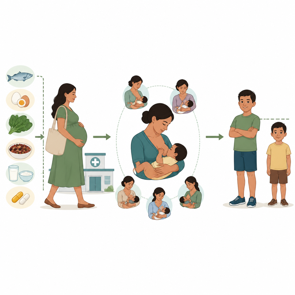Figure 2. Step-by-step view of how good maternal diet, clinic visits and frequent breastfeeding lead to healthier child growth.