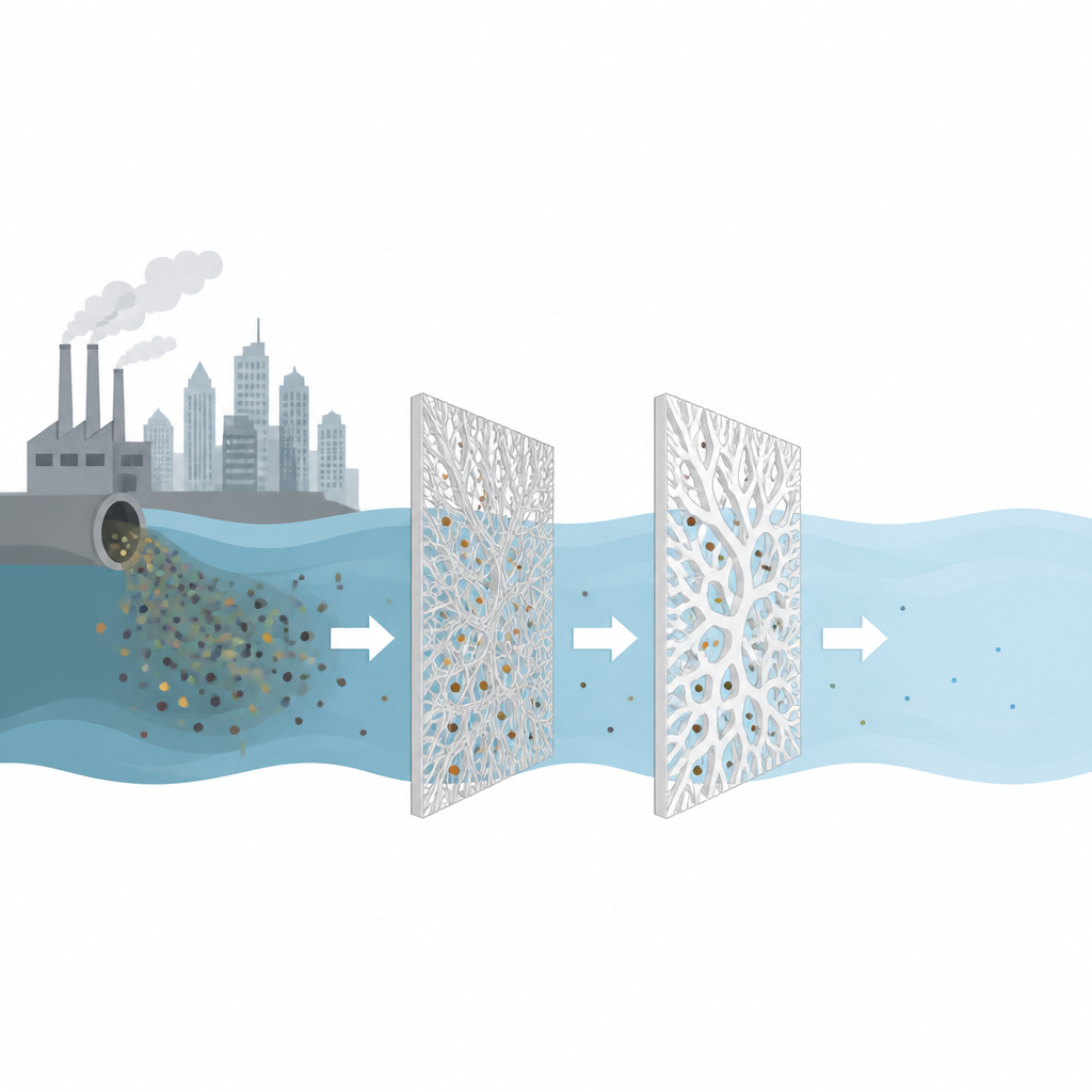 Figure 1. Neue metallische Polymer‑Schwämme fangen schädliche Farbstoffe aus verschmutztem Wasser und geben stromabwärts saubereres Wasser frei.