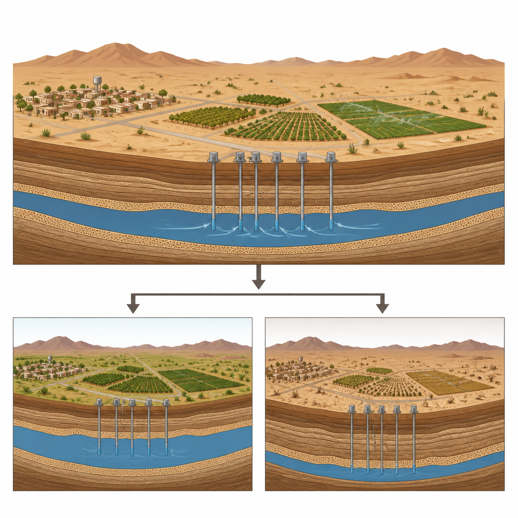 Figure 1. Wie heutige Nutzung von Wüsten-Grundwasser für libysche Gemeinden sichere oder riskantere Wasserzukunft bedeuten kann.