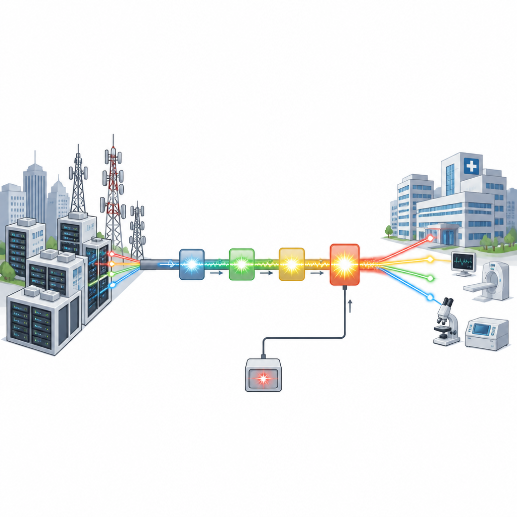 Figure 1. Light inside fiber gets staged boosts to keep data and medical images strong over long distances.