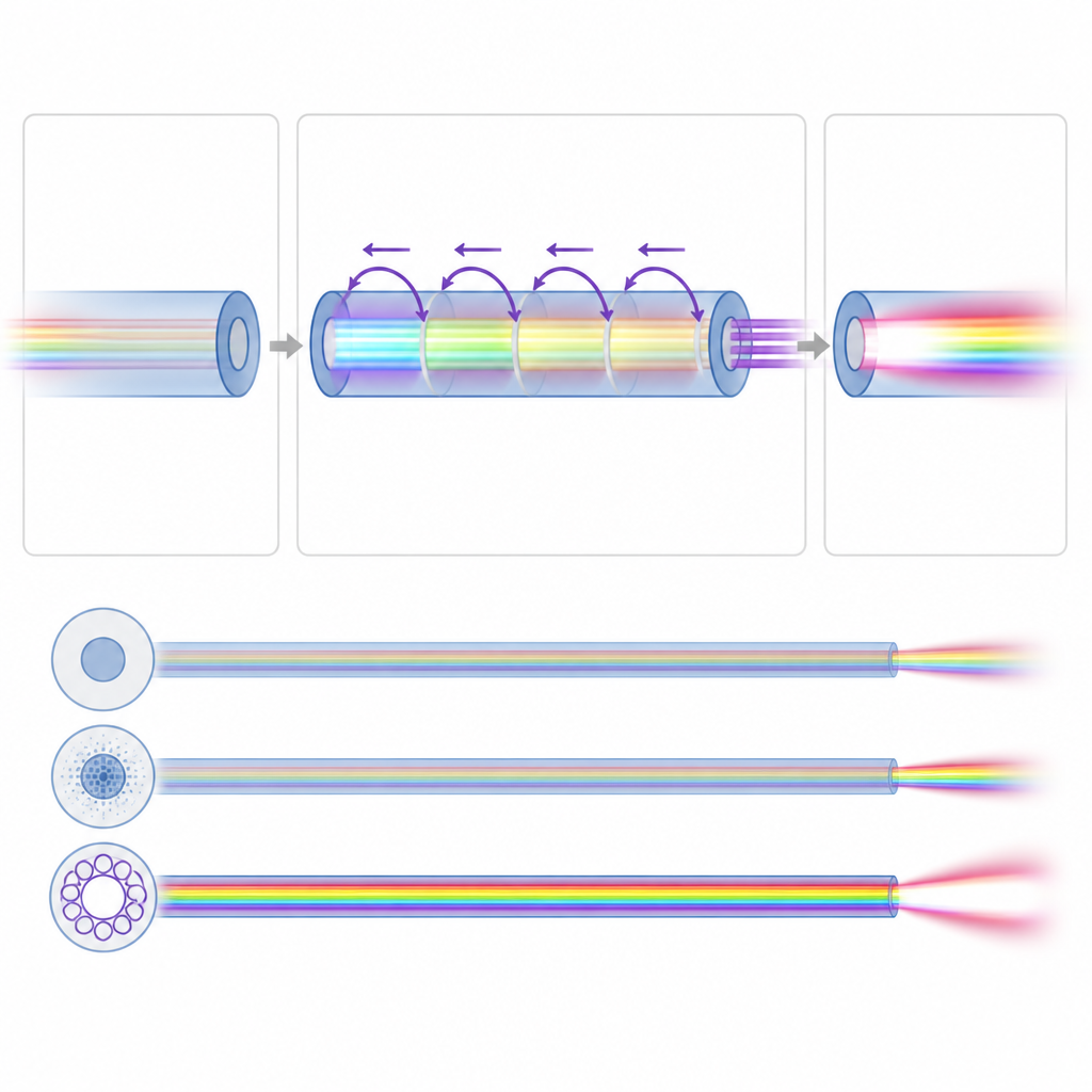 Figure 2. Backward pump light powers four stages in the fiber, turning a weak signal into a bright, clean output.