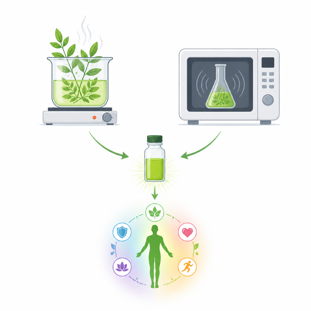 Figure 1. Confrontare il riscaldamento lento e le microonde rapide per estrarre composti utili dalle foglie di piante medicinali.