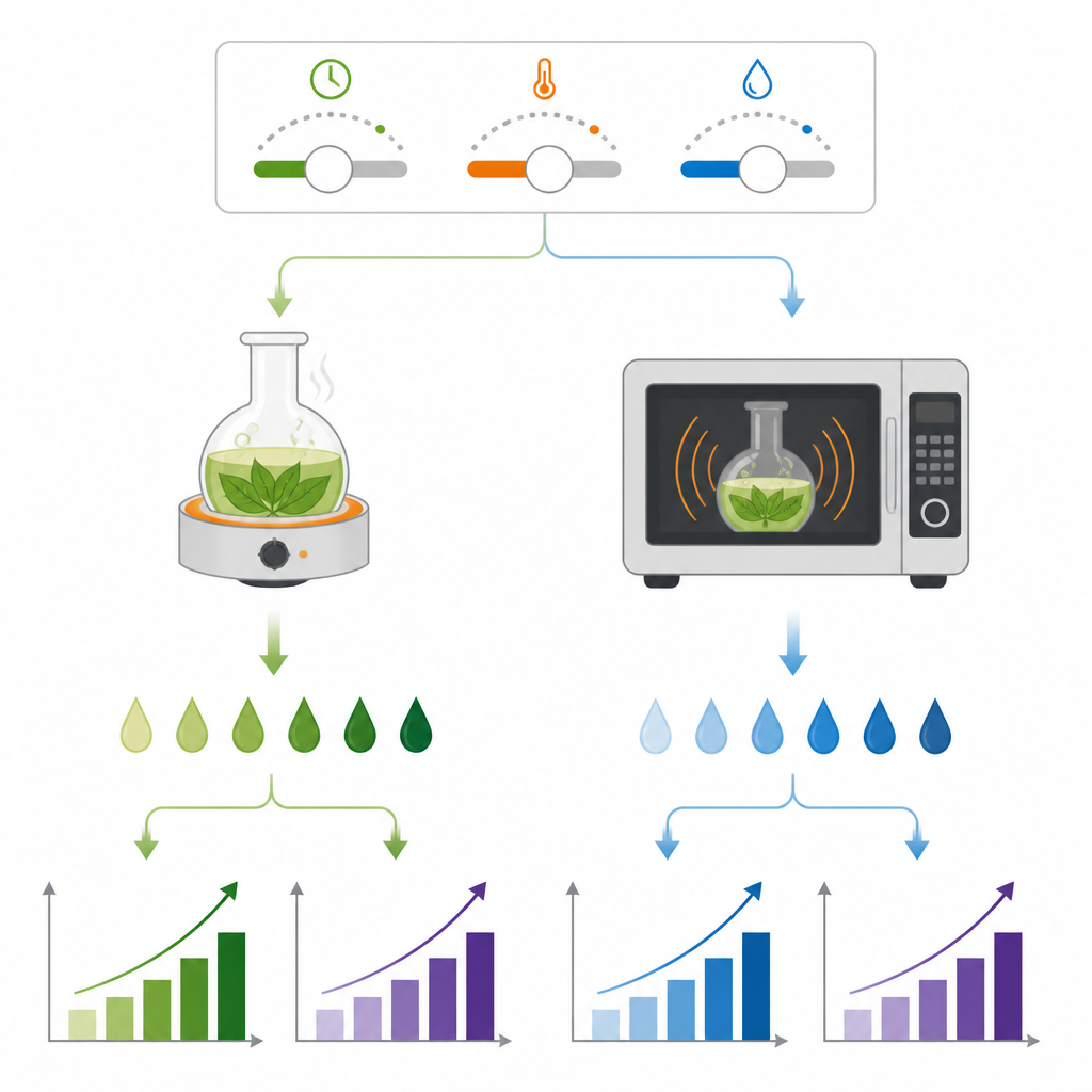 Figure 2. Come la regolazione di tempo, energia e solvente cambia la composizione di antiossidanti e inibitori enzimatici negli estratti vegetali.