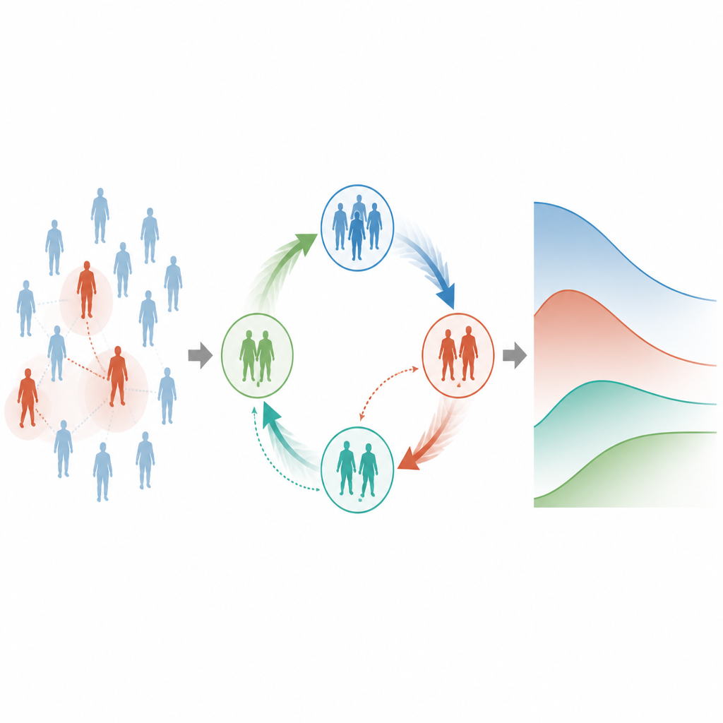 Figure 2. How people move between healthy, sick, treated and recovered groups and how memory changes these flows over time.