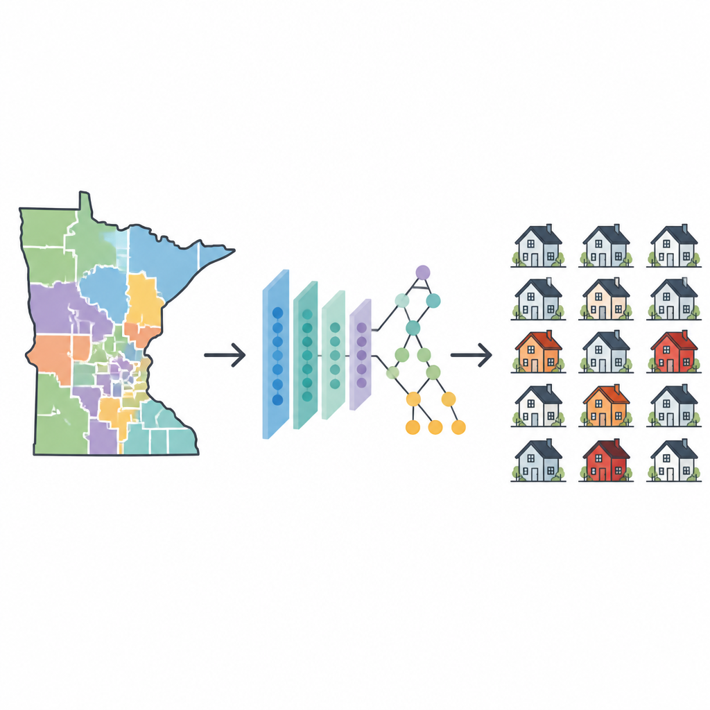 Figure 1. 州全体の地図から、どの近隣が住宅内で危険なラドンを抱えやすいかを示すスマートなモデルへ。
