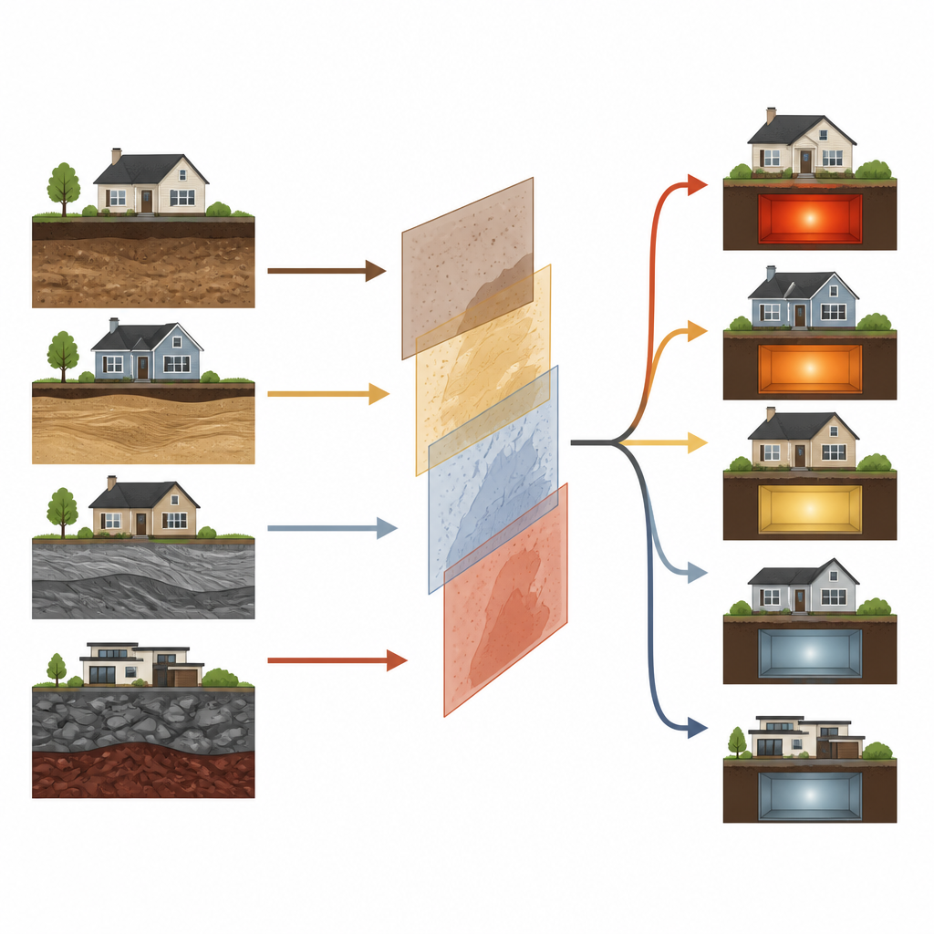 Figure 2. 土壌、気象、住宅特性がどのようにモデルに取り込まれ、近隣よりもはるかに高いラドン濃度を示す住宅を見つけるか。