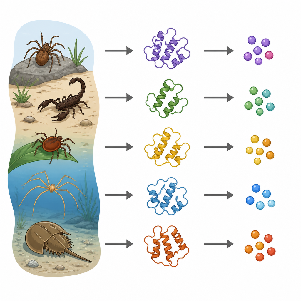 Figure 1. Cómo arañas, escorpiones y garrapatas usan diferentes proteínas pequeñas para manejar metales útiles y tóxicos en su entorno
