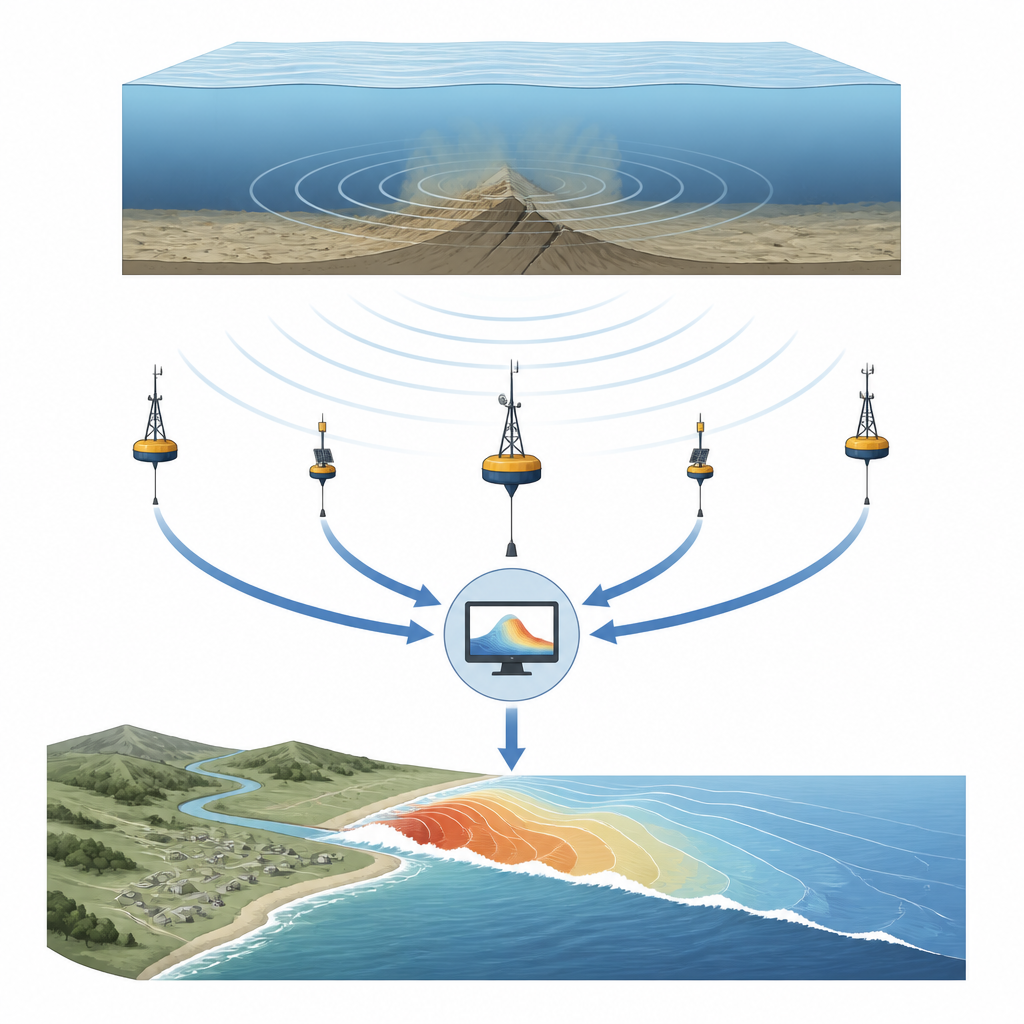 Figure 1. How offshore sensors and AI together turn early ocean waves into clearer tsunami risk forecasts for coastlines.