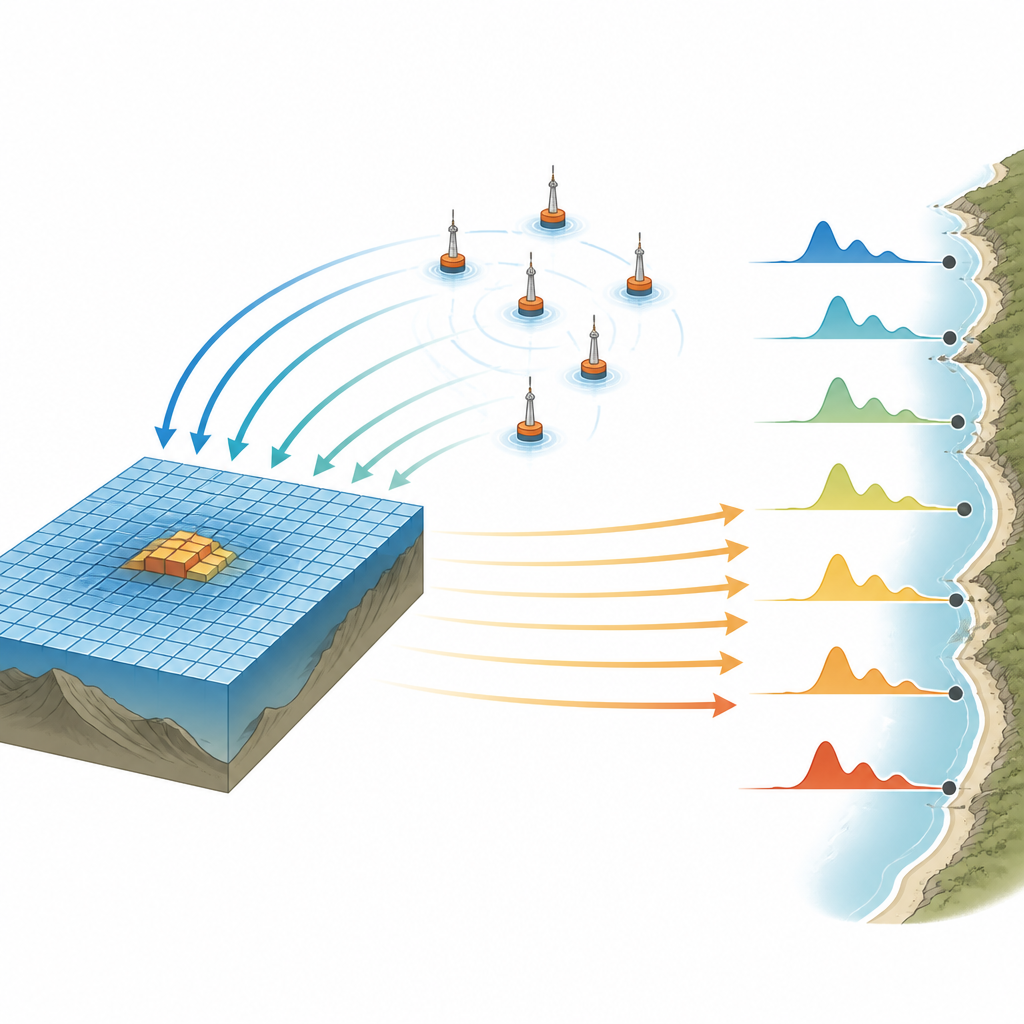 Figure 2. How sensor waves are used to reconstruct the initial ocean bulge that then predicts future tsunami heights near the shore.