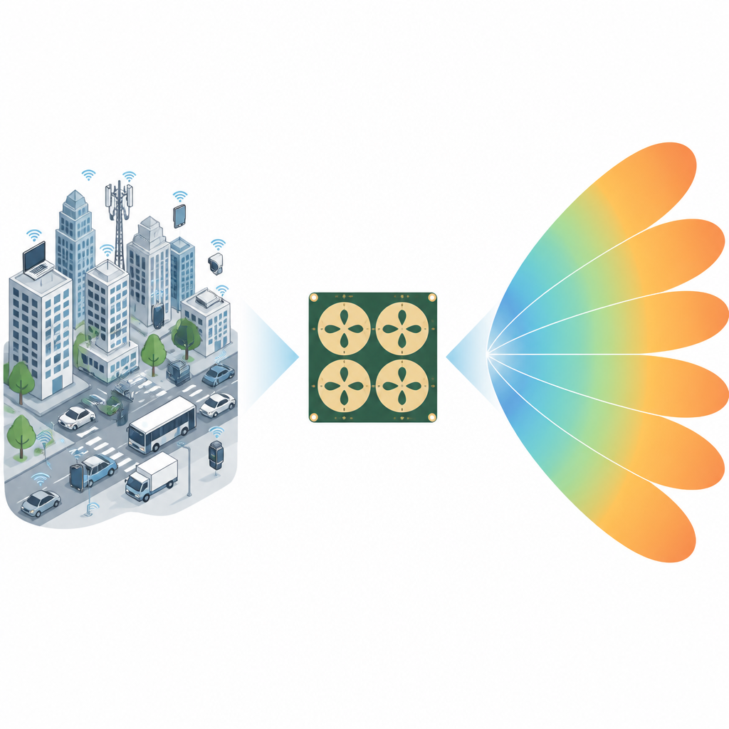 Figure 1. Wie eine winzige Platine mit vier Antennen künftigen 6G‑Geräten hilft, in überfüllten Funkbändern mehr Daten zu senden.