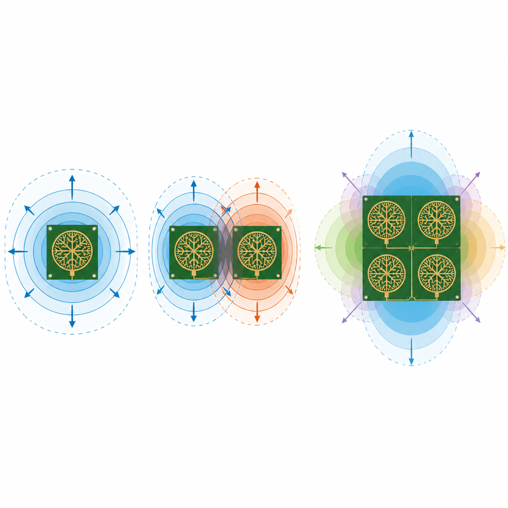 Figure 2. Wie fraktal geformte Antennenflächen Interferenzen verringern und vier Funkkanäle gemeinsam stabil betreiben.