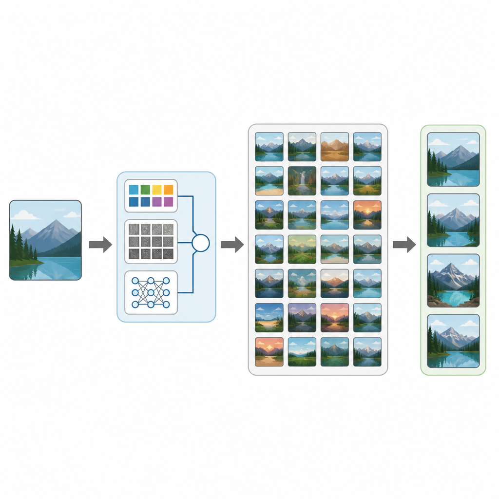 Figure 1. Cómo un sistema de búsqueda inteligente de imágenes combina el contenido de la foto y la IA para encontrar las imágenes más similares en una gran colección.