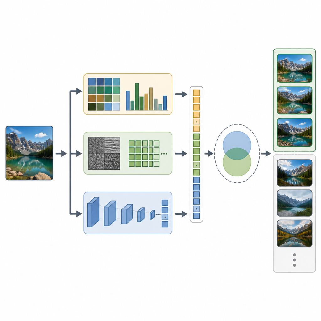 Figure 2. Cómo se fusionan características de color, textura y redes neuronales profundas para comparar imágenes y ordenar los resultados de búsqueda más parecidos.