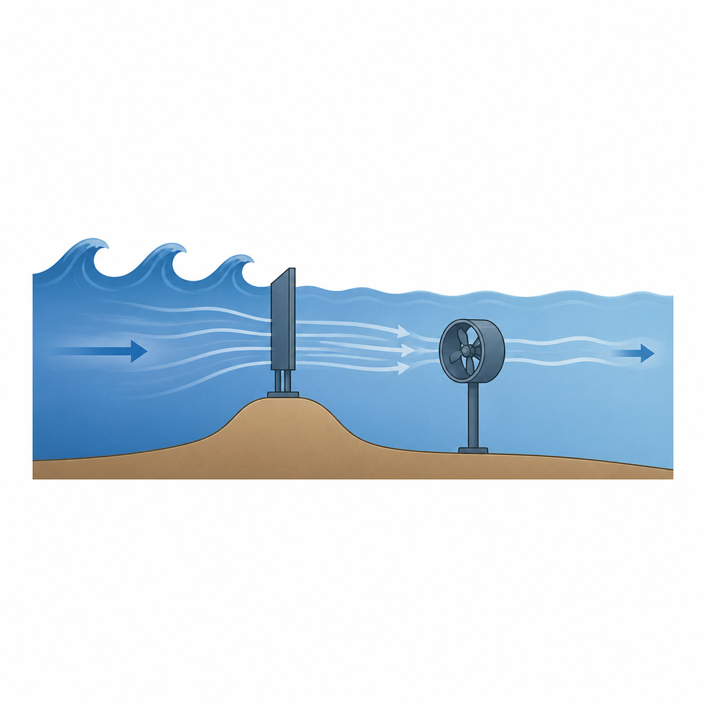 Figure 1. Cómo una placa oculta bajo el agua y un lecho marino modelado direccionan las olas para accionar una turbina con mayor eficiencia.
