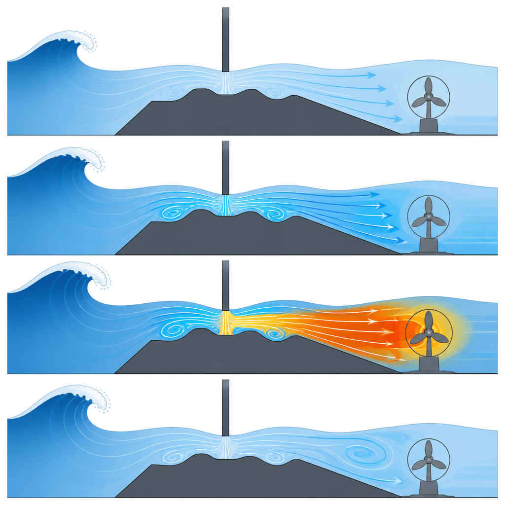 Figure 2. Cómo variar la abertura bajo una placa sumergida y la forma del fondo concentra un flujo rápido hacia una turbina.