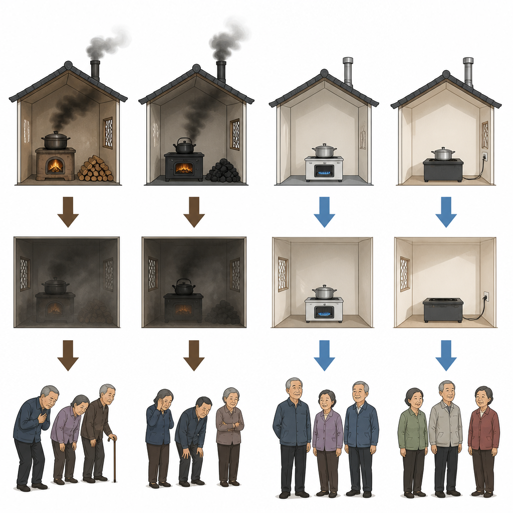 Figure 1. Wie rauchige Hausbrennstoffe im Vergleich zu sauberer Energie die körperliche Robustheit älterer Menschen im Zeitverlauf beeinflussen.