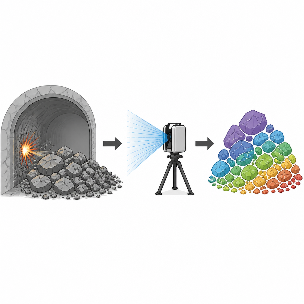Figure 1. Hoe 3D-laserscanning een rommelige stapel blastruimte omzet in netjes gescheiden rotsfragmenten voor afmetingsmetingen.