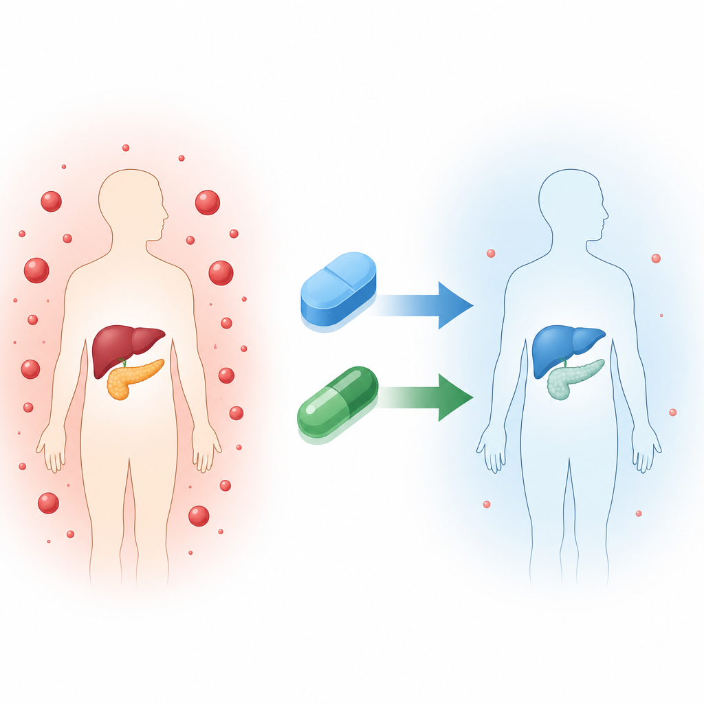 Figure 1. Twee geneesmiddelen die samenwerken om de bloedsuiker te verlagen en organen te beschermen bij diabetes.