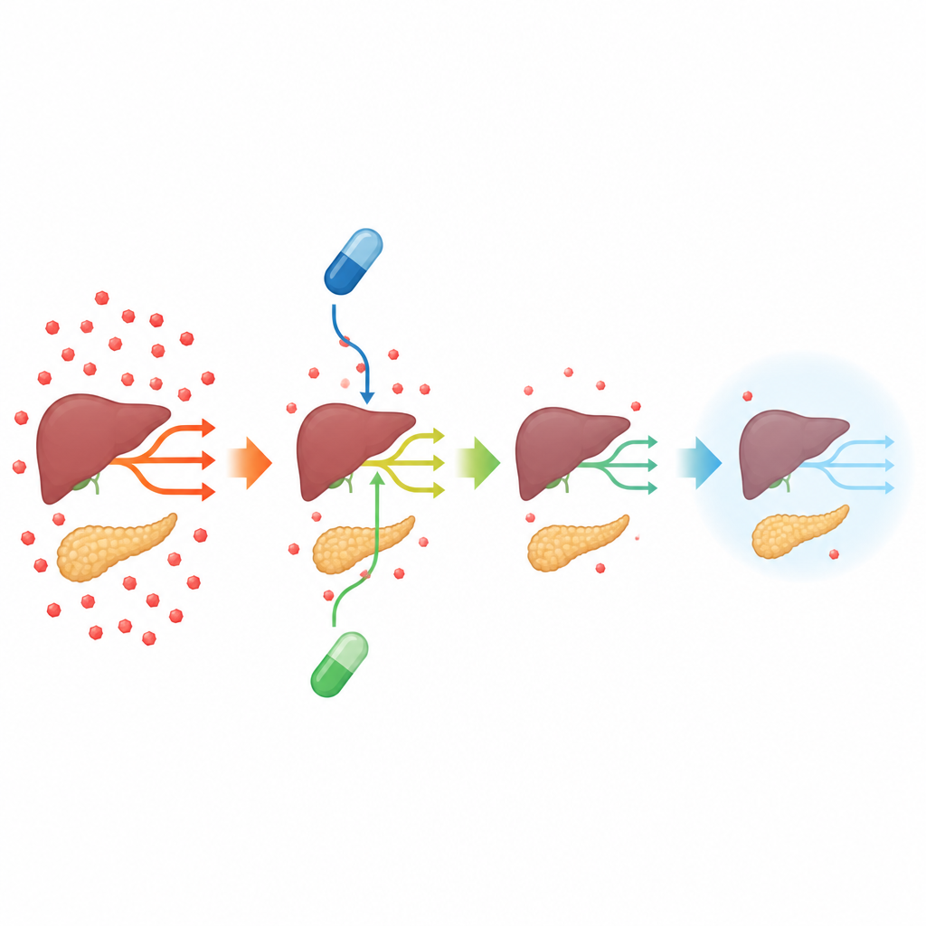 Figure 2. Hoe een remmer van een leverenzym en metformine samenwerken om glucoseproductie te verminderen en weefsels te beschermen.