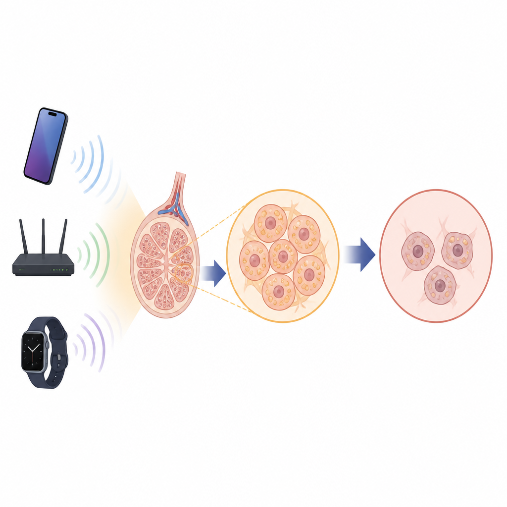 Figure 1. Draadloze apparaten die het lichaam met radiogolven doordrenken die de testis bereiken en testosteron-producerende cellen onder stress zetten.