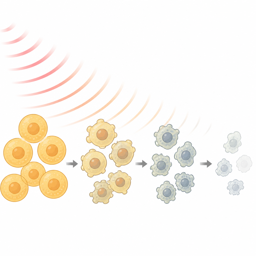 Figure 2. Radiogolven die hormoonproducerende cellen in de loop van de tijd geleidelijk van gezonde groei naar gestreste, gekrompen toestanden duwen.