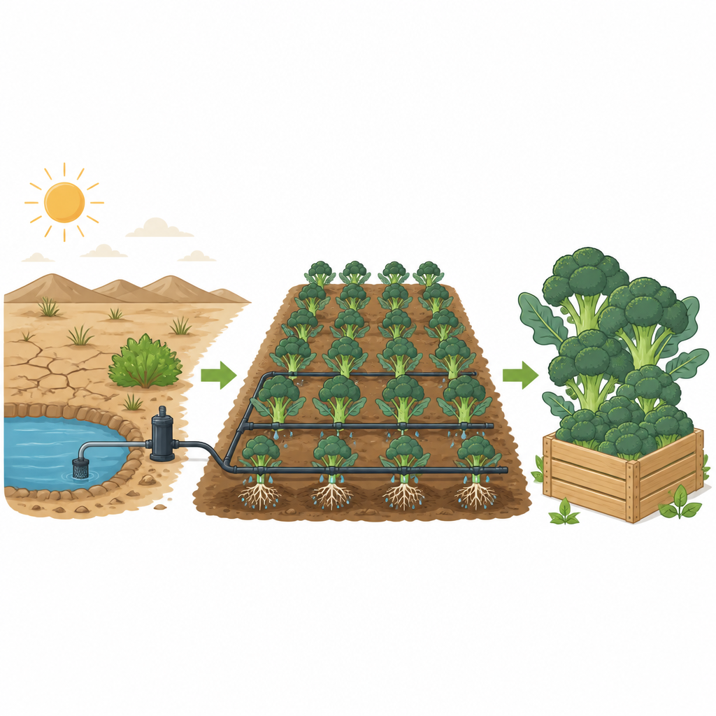 Figure 1. Granja de brócoli que usa riego por goteo y fertilizantes para producir más alimentos con menos agua en una región seca.