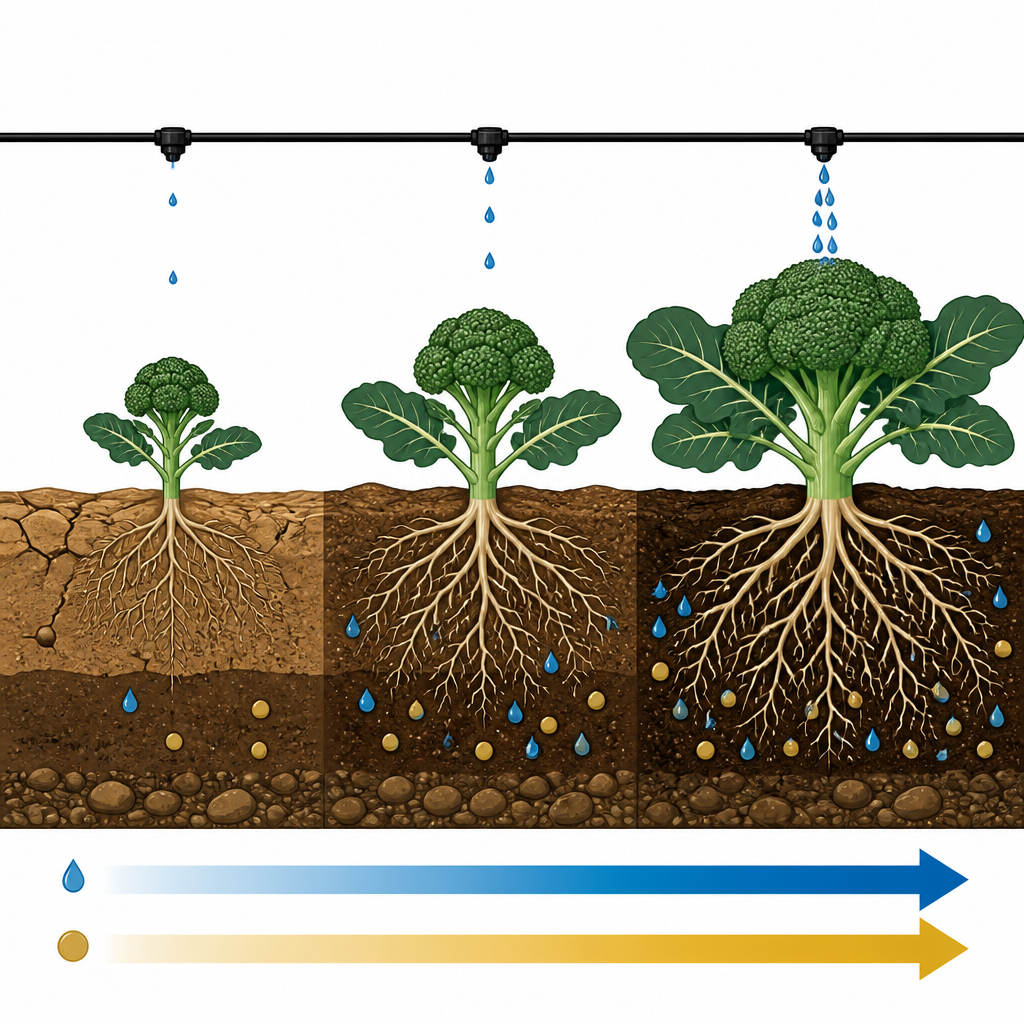Figure 2. Diferentes niveles de agua y fertilizante modifican el crecimiento de las raíces y el tamaño de la cabeza del brócoli, pasando de plantas débiles a fuertes.