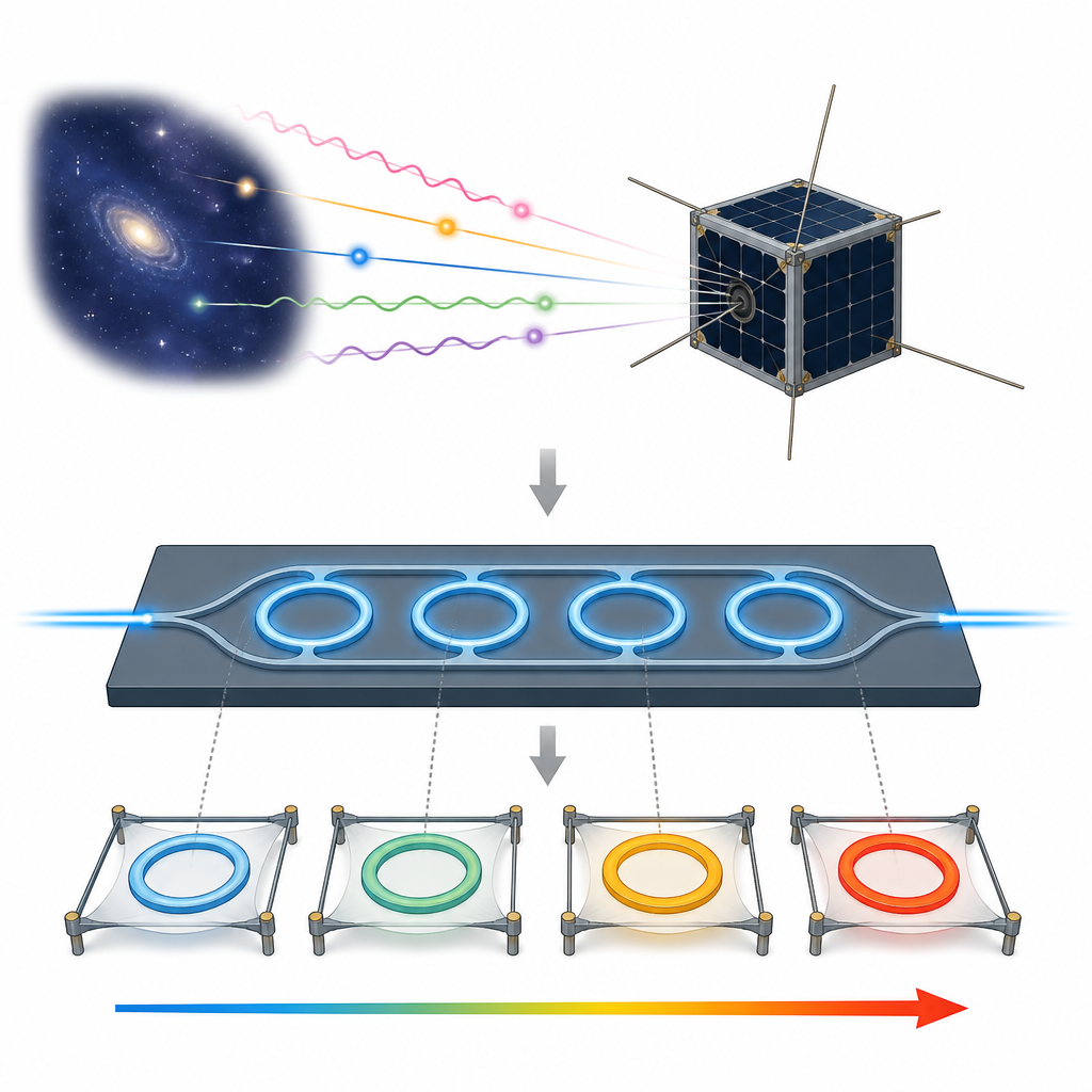 Figure 1. Maleńki chip satelitarny wykorzystuje świetlne pierścienie do wykrywania impulsów promieniowania kosmicznego jako drobnych zmian temperatury.