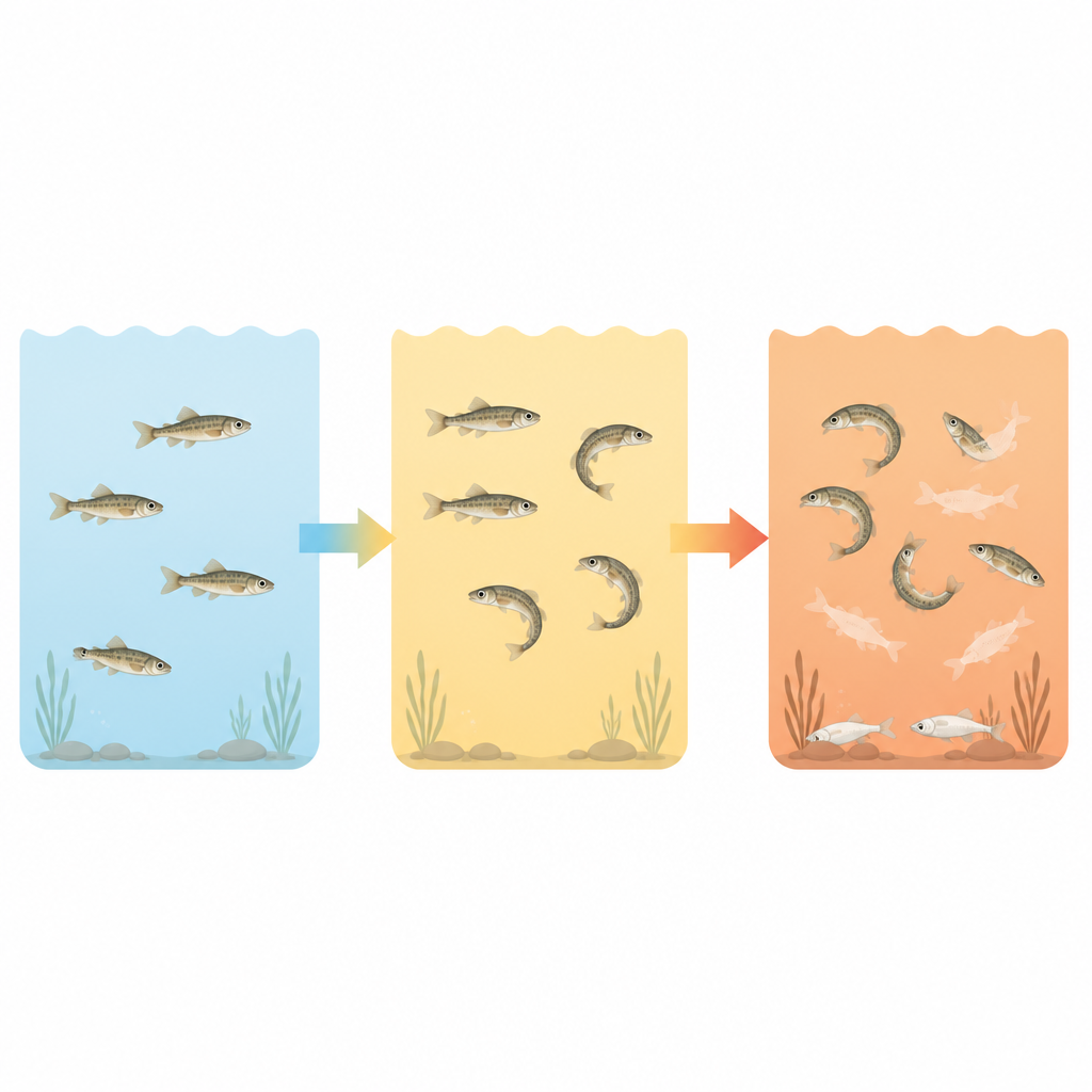 Figure 1. Het grootbrengen van pasgeboren vissen in iets warmer water leidt, naarmate de temperatuur stijgt, van gezonde groei naar veel misvormde of dode vissen.