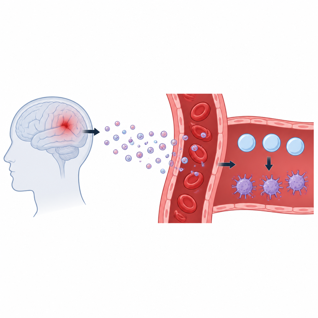 Figure 1. El cerebro lesionado libera pequeñas vesículas a la sangre que pueden reactivar plaquetas silenciadas por la aspirina.