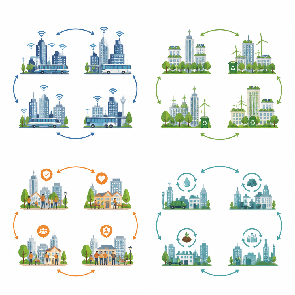 Figure 2. Agrupar ciudades según patrones en seis áreas de calidad de vida revela cuatro tipos distintos de madurez de ciudad inteligente.
