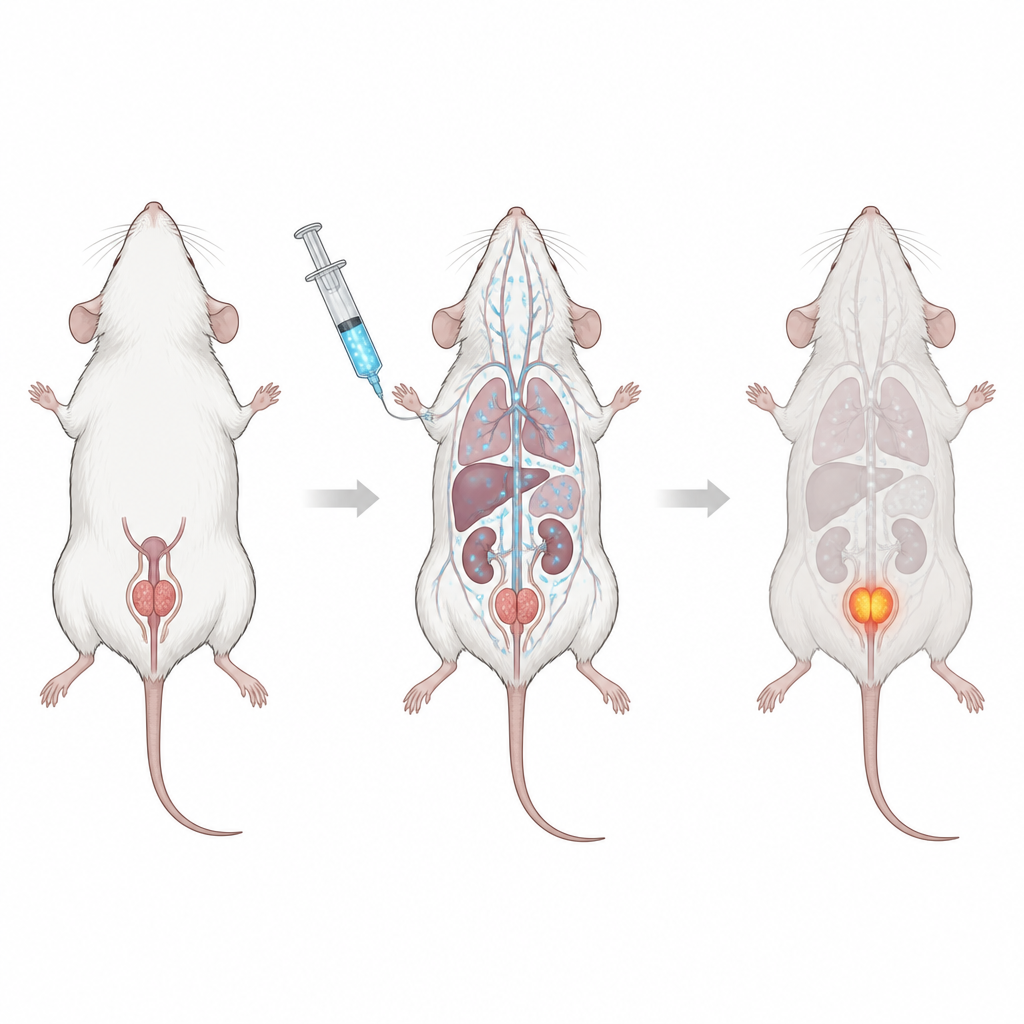 Figure 1. Fluorescerend geneesmiddel helpt camera’s verborgen prostaattumoren in het muizenlichaam op te sporen.